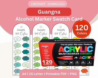 Guangna 120色見本カード：印刷可能なPDFおよびPNGアクリルマーカートラッカー