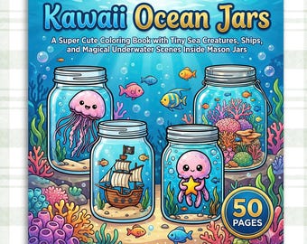 かわいい海の瓶の塗り絵 PDF: 大胆で簡単な50の水中メイソンジャーのシーン