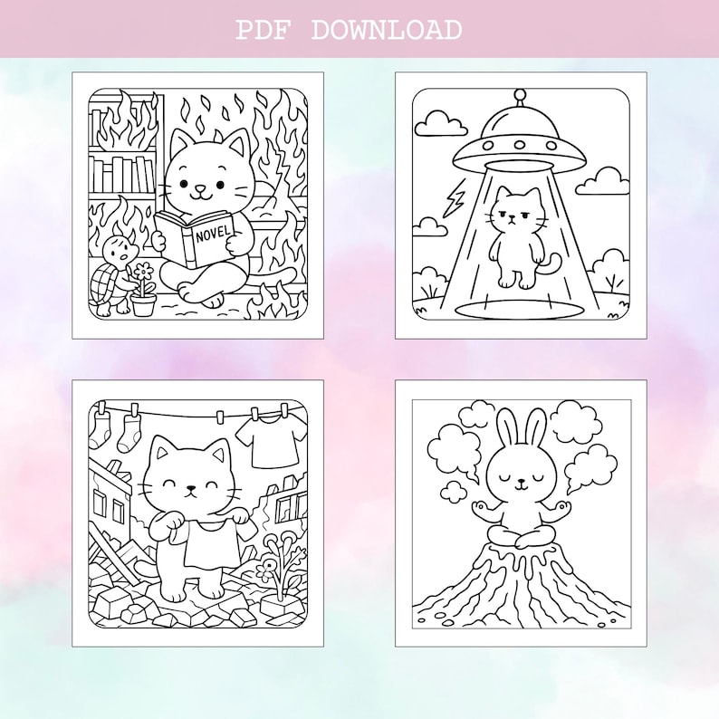 Printable coloring book for adults with funny animal scenes