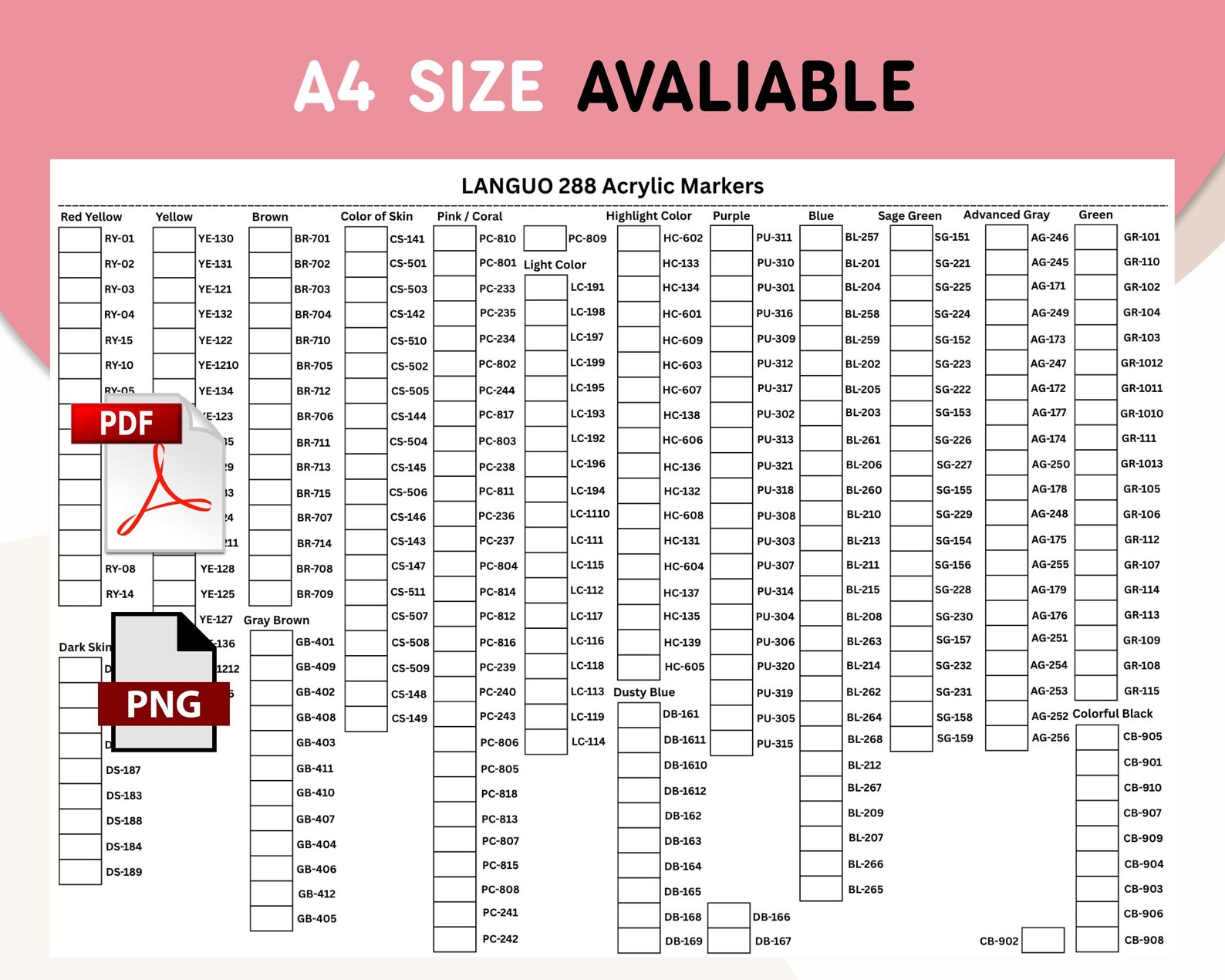 Reference Swatch Languo 288 Acrylic Marker Swatch Chart: Printable PDF & PNG Color ...