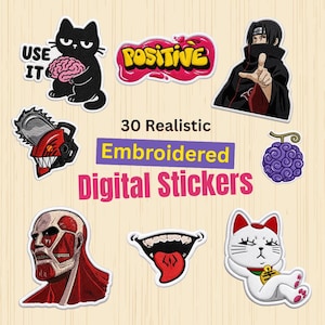 Peut inclure: Une collection d'autocollants numériques brodés comprenant un chat noir tenant un cerveau avec le texte USE IT, un signe POSITIVE rose, un personnage en cape noire, une tronçonneuse rouge, un fruit violet, une figure musclée, une bouche et un chat blanc.