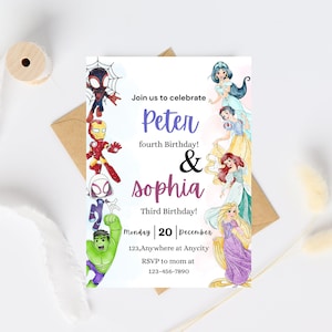 May include: A personalized birthday invitation featuring superhero and princess illustrations. The invitation includes the names Peter and Sophia, their ages, the date, time, and location of the party, and a contact number.