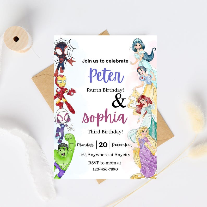 May include: A personalized birthday invitation featuring superhero and princess illustrations. The invitation includes the names Peter and Sophia, their ages, the date, time, and location of the party, and a contact number.