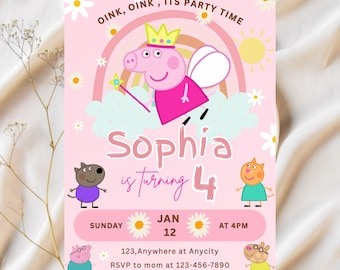 Peppa Pig Birthday Invitation: Editable Digital Template (5x7 Canva) Girl Birthday Invites