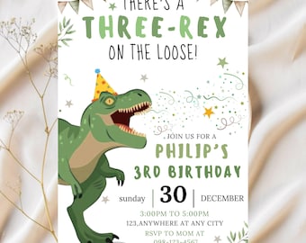Dinosaur Birthday Invitation, Editable Three Rex Birthday Invite, Boys Third Birthday Dino Party, Three-Rex On The Loose Dinosaur bday 5x7
