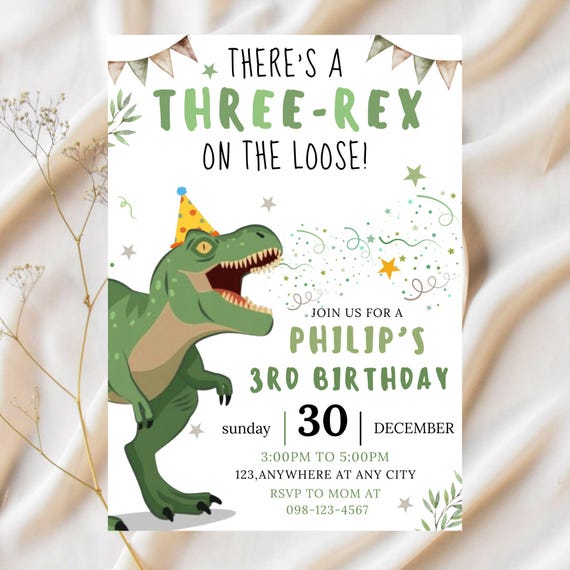 Dinosaur Birthday Invitation, Editable Three Rex Birthday Invite, Boys Third Birthday Dino Party, Three-Rex On The Loose Dinosaur bday 5x7