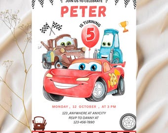 Watercolor Cars Lightning McQueen, Mater Birthday Invitation, Race Invitation, Digital Invitation , Car Invitation, Canva 5x7 Template
