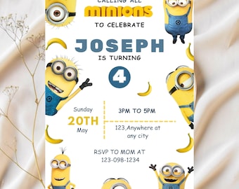 Editable Cute Yellow Mini Birthday Invitation | Mini Birthday Invite | Cute Yellow Characters Party | Canva Template | Instant Download 5x7