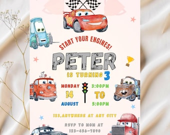 Rayo McQueen de Cars en acuarela, invitación de cumpleaños de McQueen, invitación de carrera, invitación con globos, plantilla de Canva