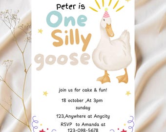 May include: White invitation card with the text "Peter is One Silly Goose" and a watercolor illustration of a goose wearing a party hat. The card includes event details: date, time, location, and RSVP information.