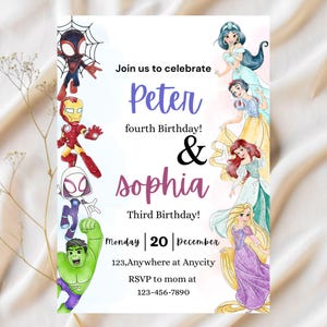 May include: A personalised birthday invitation with illustrations of Marvel superheroes and Disney princesses. The invitation text reads "Join us to celebrate Peter fourth Birthday! & Sophia Third Birthday!" with date and RSVP details.