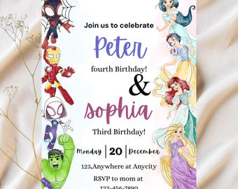 Superhero and Princess Joint Birthday Invitation | Boy & Girl Custom Party Invite | Sibling Birthday Celebration Printable