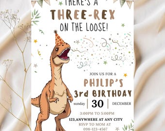 Dinosaur Birthday Invitation, Editable Three Rex Birthday Invite, Boys Third Birthday Dino Party, Three-Rex On The Loose Dinosaur bday 5x7