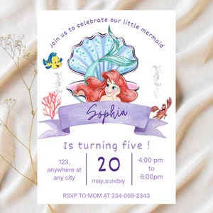 May include: A mermaid-themed birthday invitation with the text "Join us to celebrate our little mermaid". The invitation features a mermaid illustration, a banner with the name "Sophia", and party details.