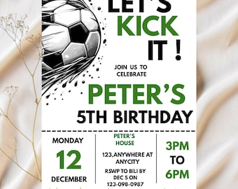 Plantilla editable de invitación de cumpleaños de fútbol, invitación de fútbol, invitación de fútbol infantil, descarga instantánea, Canva. Invitación de fútbol "Let's Kick it"
