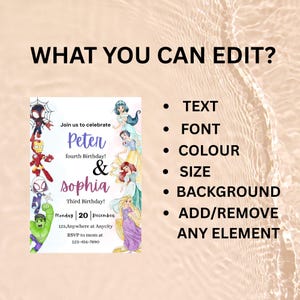 May include: A customizable birthday invitation featuring the names "Peter" and "Sophia", with superhero and princess illustrations. The invitation includes editable text, font, color, size, background, and elements. The date is Monday, December 20th.