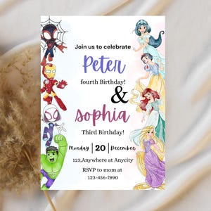 May include: A custom birthday invitation featuring illustrations of superheroes and Disney princesses. The invitation includes the names Peter and Sophia, their ages, the date, location, and RSVP information. The color scheme is primarily white, purple, and various other colors.