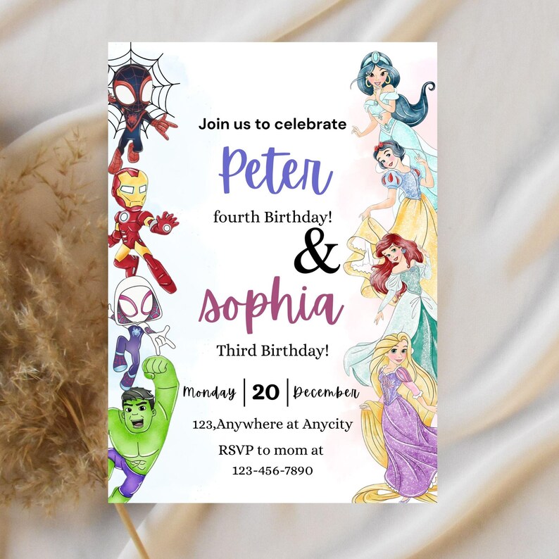 May include: A custom birthday invitation featuring illustrations of superheroes and Disney princesses. The invitation includes the names Peter and Sophia, their ages, the date, location, and RSVP information. The color scheme is primarily white, purple, and various other colors.