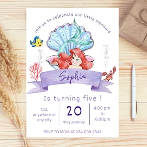 May include: A mermaid-themed invitation with the text "Join us to celebrate our little mermaid." The invitation features a mermaid illustration, the name "Sophia," and party details. The invitation is on a white background.