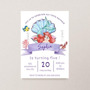 May include: A birthday invitation featuring a mermaid theme. The invitation includes the text "Join us to celebrate our little mermaid" and "Sophia". The invitation also includes the date, time, and RSVP information.