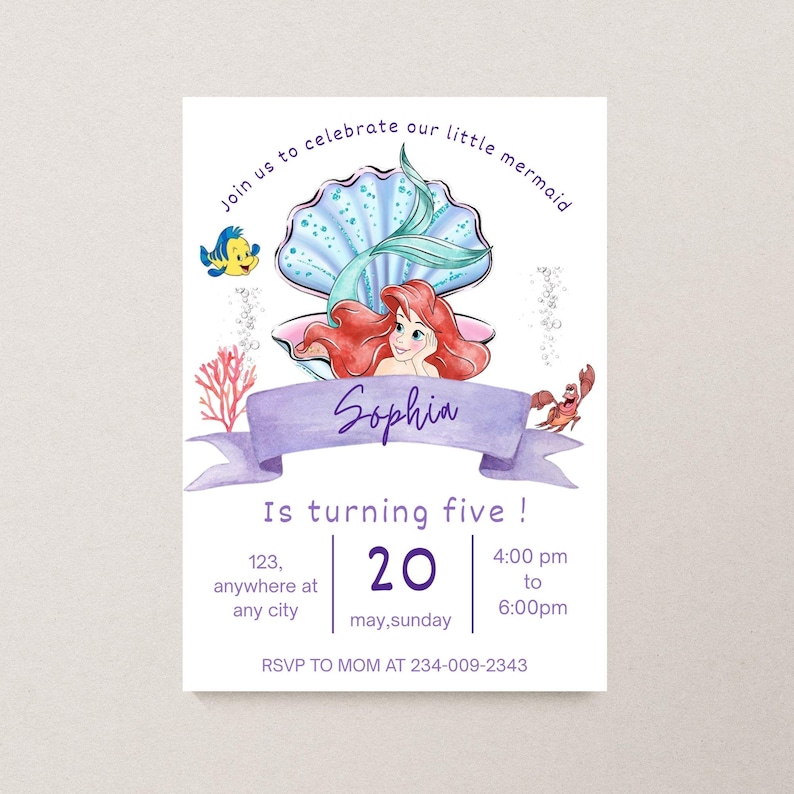 May include: A birthday invitation featuring a mermaid theme. The invitation includes the text "Join us to celebrate our little mermaid" and "Sophia". The invitation also includes the date, time, and RSVP information.
