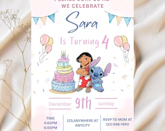 Modello di invito per festa di compleanno a tema Stitch modificabile / Invito per festa di compleanno in piscina a tema Stitch / Invito di compleanno a tema Stitch / Invito di compleanno a tema Cartoon