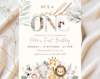 Editable Wild One Boy Birthday Invitation Safari Animal Birthday Invitation 1st Birthday Invite with Photo Boho First Birthday Canva 5x7
