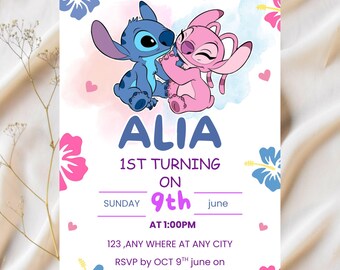 Modello di invito per festa di compleanno a tema Stitch modificabile / Invito per festa di compleanno in piscina a tema Stitch / Invito di compleanno a tema Stitch / Invito di compleanno a tema Cartoon