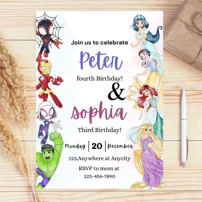 May include: A birthday invitation featuring illustrations of superheroes and Disney princesses. The invitation text reads "Join us to celebrate Peter fourth Birthday! & Sophia Third Birthday!" with date and RSVP information.