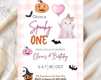 Spooky One Invitation Pink, Halloween Ghost 1st Birthday Party Invite, Cute Pink Ghost 1st Birthday, First Boo Day Halloween Invitation Girl