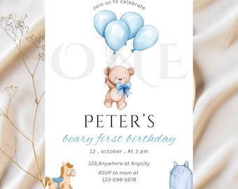 Editable Beary First Birthday Invitation, Bear Birthday Invite, Teddy Bear First Birthday, 1st Birthday Boy, Beary 1st Birthday