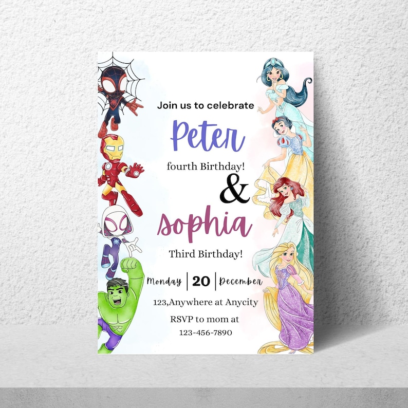 May include: A custom birthday invitation featuring superhero and princess illustrations. The invitation text reads "Join us to celebrate Peter & Sophia" with the date and location details. The invitation is decorated with colorful graphics.