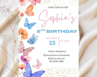 May include: A birthday invitation featuring watercolor butterflies in shades of pink, orange, and blue. The invitation reads "Sophia's 5th Birthday, October 23 at 4 PM." Additional text includes the address and RSVP information.