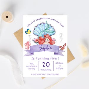 May include: A birthday invitation featuring a mermaid illustration. The invitation includes the text "Join us to celebrate our little mermaid" and "Is turning five!" with details for the party. The invitation is decorated with aquatic elements.