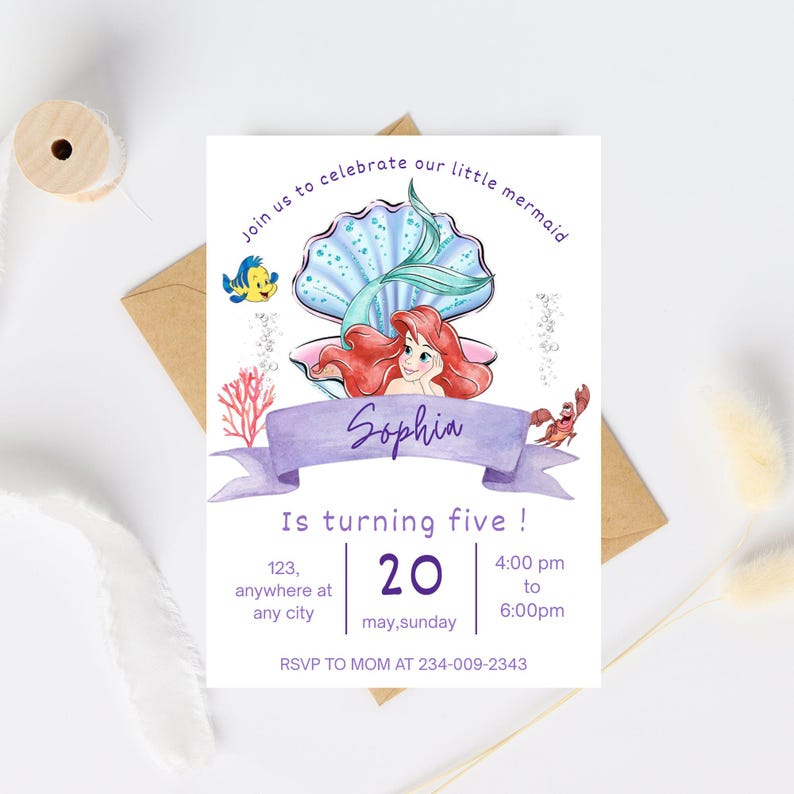 May include: A birthday invitation featuring a mermaid illustration. The invitation includes the text "Join us to celebrate our little mermaid" and "Is turning five!" with details for the party. The invitation is decorated with aquatic elements.