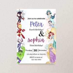 May include: A party invitation featuring watercolor illustrations of Marvel superheroes and Disney princesses. The invitation text reads "Join us to celebrate Peter fourth Birthday! & Sophia Third Birthday!" with date and RSVP information.