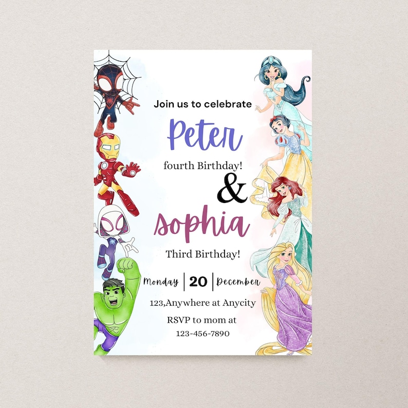 May include: A party invitation featuring watercolor illustrations of Marvel superheroes and Disney princesses. The invitation text reads "Join us to celebrate Peter fourth Birthday! & Sophia Third Birthday!" with date and RSVP information.