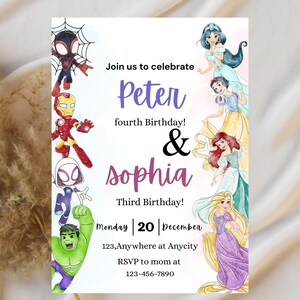 May include: A birthday invitation featuring illustrations of Marvel superheroes and Disney princesses. The invitation text reads "Join us to celebrate Peter fourth Birthday! & Sophia Third Birthday!" with date, time, and RSVP information.