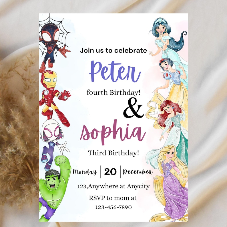May include: A birthday invitation featuring illustrations of Marvel superheroes and Disney princesses. The invitation text reads "Join us to celebrate Peter fourth Birthday! & Sophia Third Birthday!" with date, time, and RSVP information.