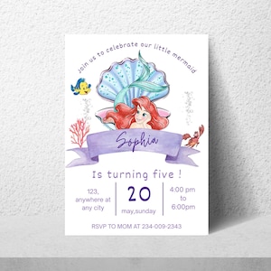 May include: A mermaid-themed birthday invitation with the name "Sophia" in script. The invitation features a mermaid illustration, a seashell, and the text "Is turning five!" with event details.