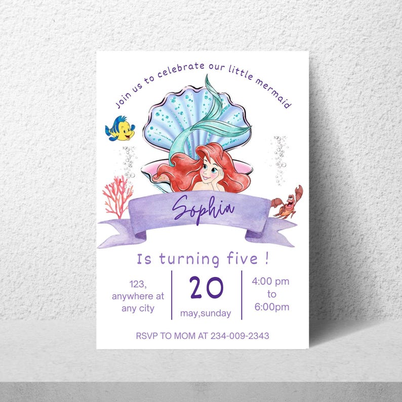 May include: A mermaid-themed birthday invitation with the name "Sophia" in script. The invitation features a mermaid illustration, a seashell, and the text "Is turning five!" with event details.