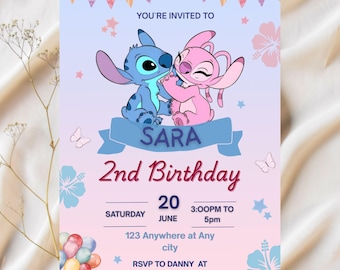 Modello di invito per festa di compleanno a tema Stitch modificabile / Invito per festa di compleanno in piscina a tema Stitch / Invito di compleanno a tema Stitch / Invito di compleanno a tema Cartoon