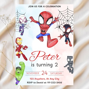 May include: A colorful invitation featuring Spider-Man and other superheroes. The invitation includes the text "Peter is turning 2" and the date November 24. The background has a watercolor effect with red and blue hues.