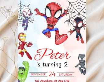 Invitación editable para fiesta de cumpleaños de Spidey y sus increíbles amigos en acuarela / Plantilla imprimible de superhéroes / Invitación infantil / Descarga instantánea