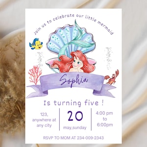 May include: A mermaid-themed invitation with the text "Join us to celebrate our little mermaid". The invitation features a mermaid illustration, the name "Sophia", and party details. The invitation is for a fifth birthday.