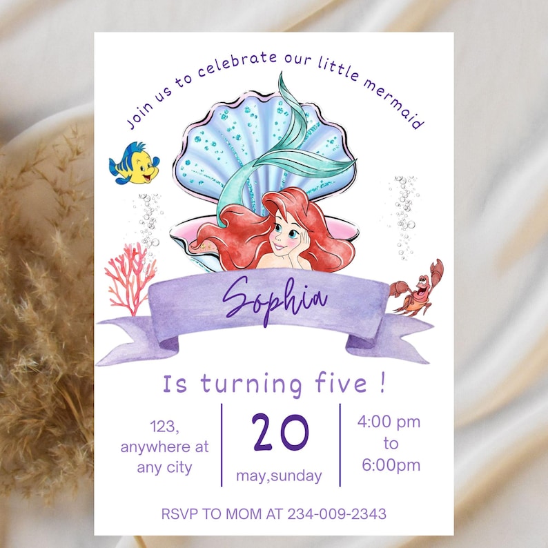 May include: A mermaid-themed invitation with the text "Join us to celebrate our little mermaid". The invitation features a mermaid illustration, the name "Sophia", and party details. The invitation is for a fifth birthday.