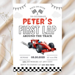 May include: A white invitation card with a red race car illustration. The text reads "Peter's First Lap Around the Track" with event details. Checkered flags and clouds decorate the top and bottom edges.