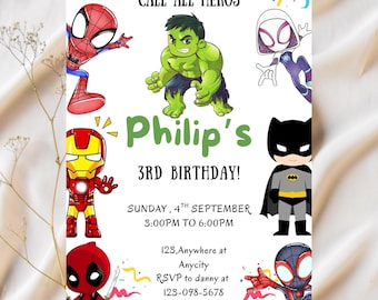 Modello modificabile per invito di compleanno Chibi Hulk, invito digitale supereroe Avengers, download immediato di biglietti d'invito supereroe