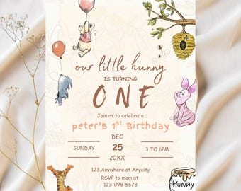 Invitación clásica de Winnie the Pooh para cualquier edad/Primer cumpleaños/Editar invitación de fiesta de cumpleaños de Winnie the Pooh Canva 5x7