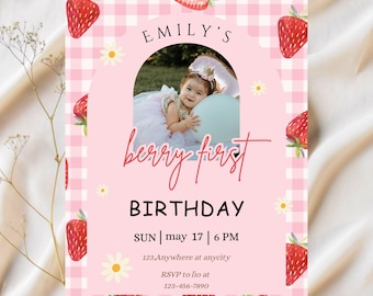 Editable Berry First Birthday Invitation Template, Editable Photo 1st Birthday Party Invitations Printable Strawberry Birthday Invites Canva